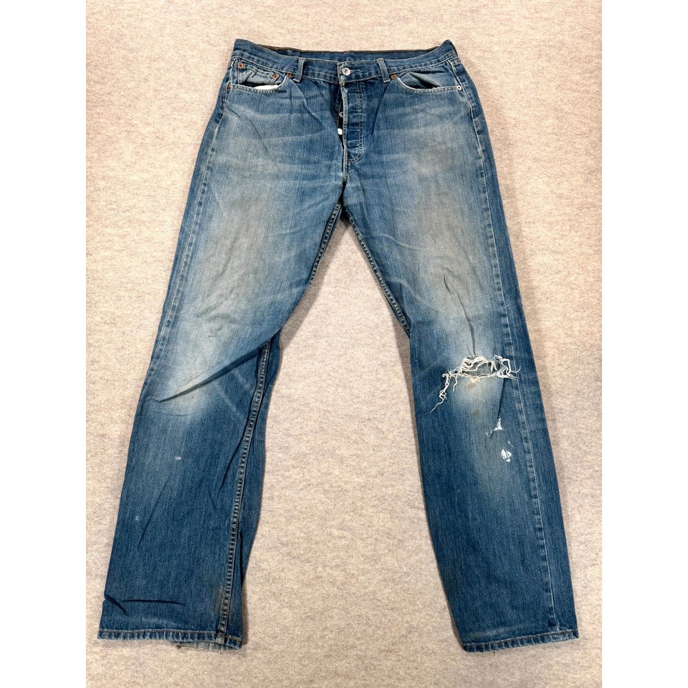 Levis 501 Jeans Mens 36x34 Blue Denim Cotton Straight Leg Casual Wear Distressed
